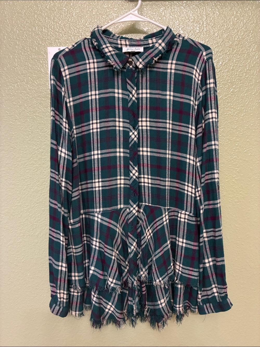Grace & Lace Green and White Plaid Button-Down Peplum Shirt boho style